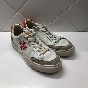 Tory Burch Color Block Red Cream Signature T-Logo Leather Sneaker Shoes Size 7M